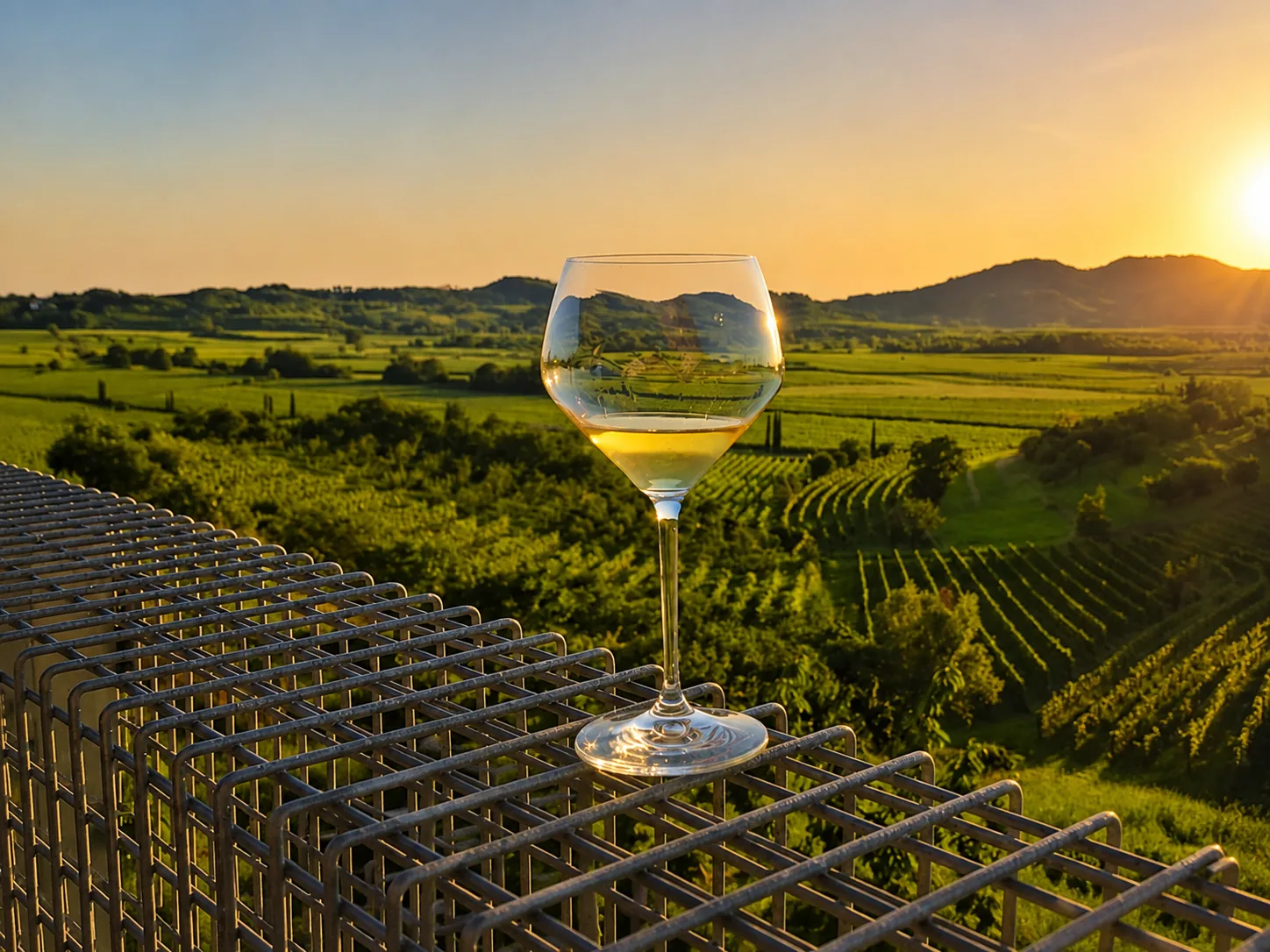 A glass of wine before the Brda vineyards at sunset