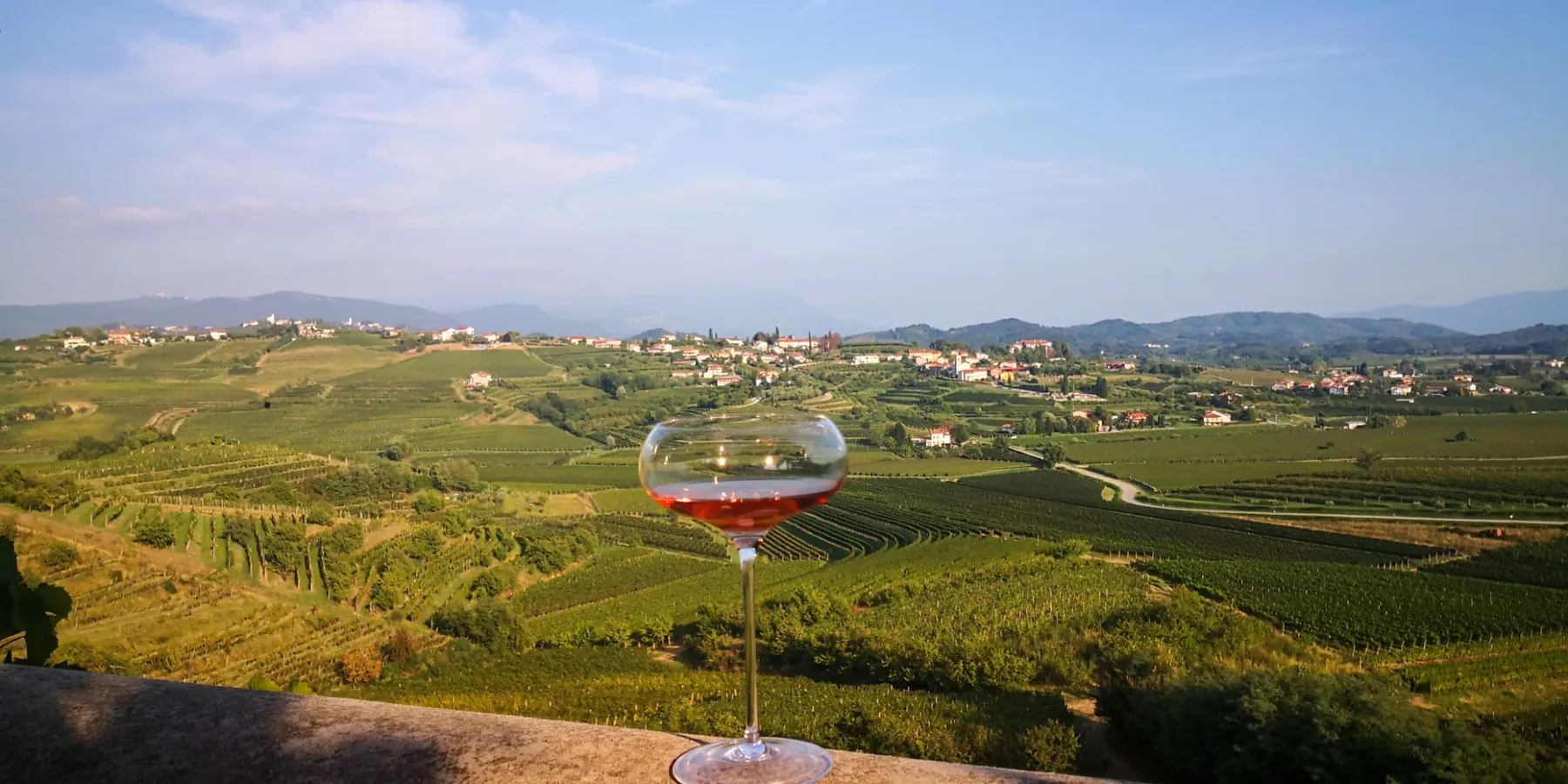 Wide view over the Brda vineyards with a glass of wine in the foreground